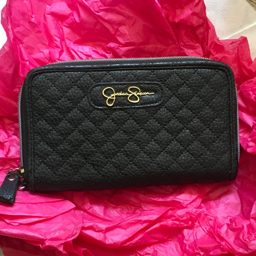 Jessica Simpson Black Quilted Zip Wallet with Gold Logo